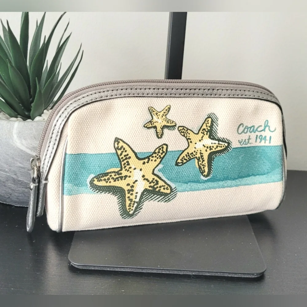 Coach Beige Canvas Cosmetic Pouch with Teal Stripe & Yellow Starfish